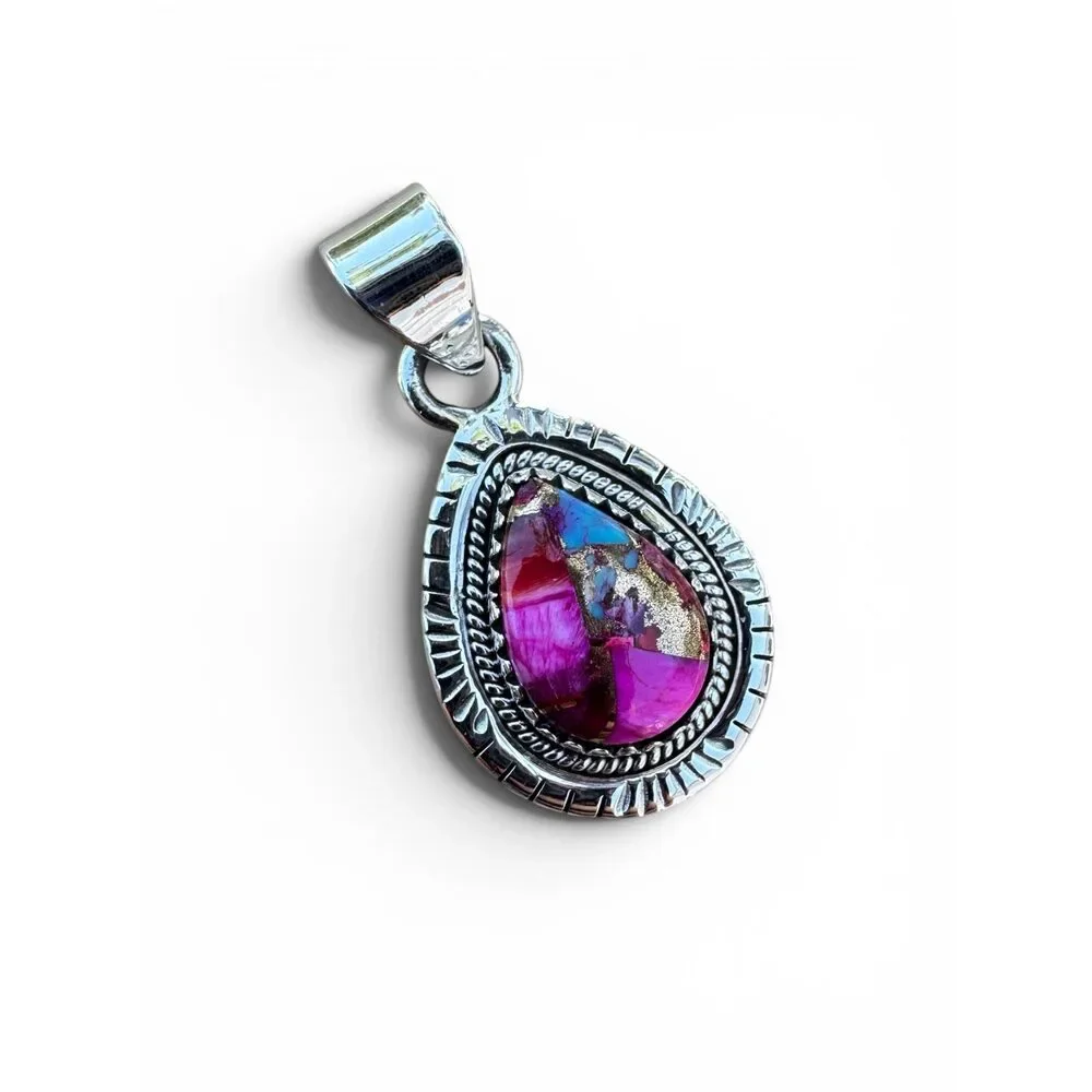 Kingman Pink Dahlia Turquoise Solid 925 Sterling Silver Pendant - Picture 1 of 5
